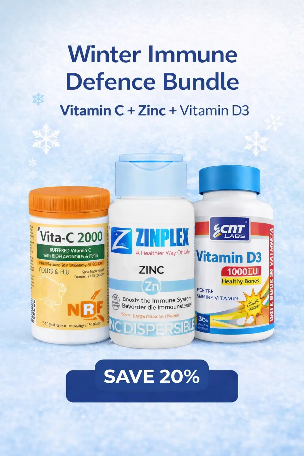 Daily immune support bundle including Vitamin C, Zinc and Vitamin D. Ideal for winter protection